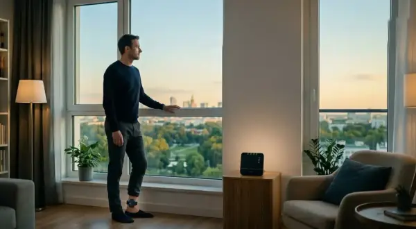 Mężczyzna z opaską na nodze, symbolizującą dozór elektroniczny, patrzy przez okno na miasto. Zastanawia się, ile godzin poza domem jest mu dozwolone.