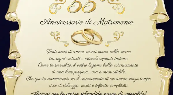 55 anni di matrimonio: nozze di smeraldo, un legame prezioso come la gemma, celebrato con amore e complicità.