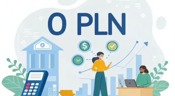 Darmowe konto dla firm 0 PLN. Grafika przedstawia bank, kalkulator, stos monet i dwie kobiety pracujące przy biurku.