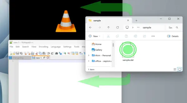 El VLC media player muestra un cono naranja. Una flecha verde indica cómo abrir archivos .dat desde el explorador de archivos.