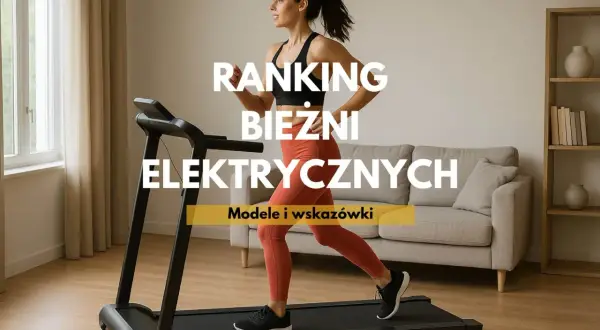 Ranking bieżni elektrycznych do domu. Kobieta ćwiczy na bieżni, a obok kanapa i regał.