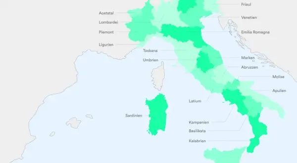 Karte von Italien, die Weinregionen zeigt. Jede Region ist farblich hervorgehoben, was die Vielfalt der italienischen Weinsorten unterstreicht.