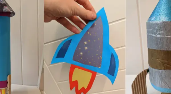 Kreative **Raketen basteln Kinder**: Drei bunte Papierraketen, bereit für den Flug ins All.