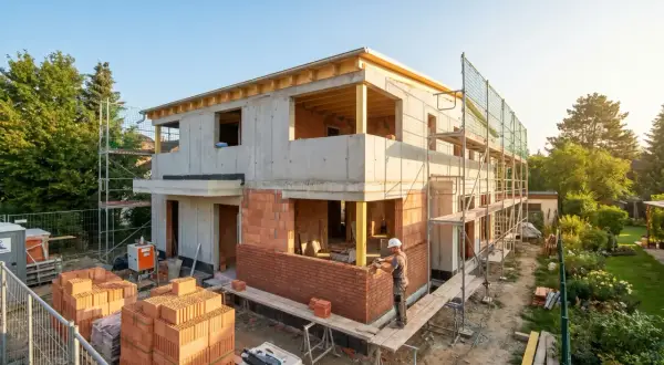 Rohbau eines Hauses mit 200 qm Wohnfläche. Ein Maurer verlegt Ziegelsteine, während Ziegelstapel und Gerüste die Baustelle prägen.