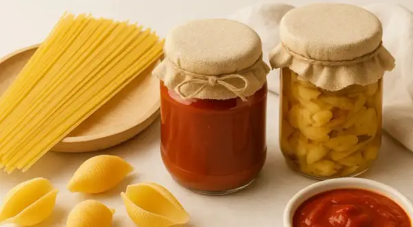 En hög med spaghetti, två burkar med hemlagad tomatsås och inlagda grönsaker, samt några snäckformade pastakroppar. En perfekt grund för en äkta pasta italiano.