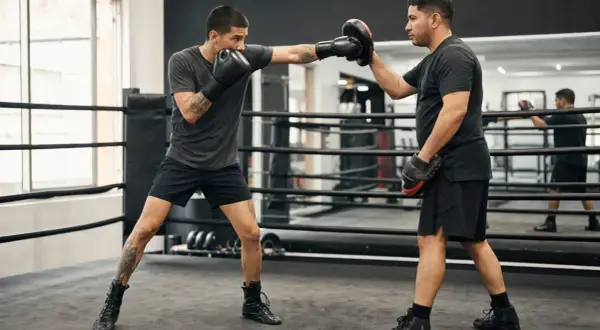 Two southpaw boxers train in a ring, one throwing a punch at a pad held by the other.
