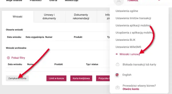 Menu użytkownika w bankowości internetowej, opcja "Wnioski i umowy" podświetlona. To miejsce, gdzie znajdziesz swój rachunek techniczny Millennium.
