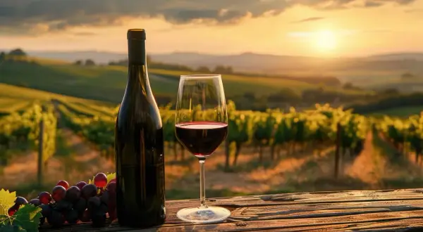 Un calice di vino rosso e un grappolo d'uva su un tavolo di legno, con vigneti al tramonto. Un assaggio di Monica di Sardegna.