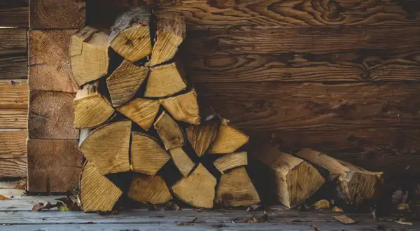 Gestapeltes Buchenbrennholz vor einer Holzwand. Die Frage, wie lange muss Buchenbrennholz trocknen, beschäftigt jeden, der gemütliche Wärme sucht.
