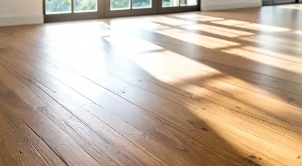 Suelo de madera con vetas marcadas y un acabado cálido, iluminado por la luz del sol que entra por las ventanas. Se aprecian distintos tipos de maderas.