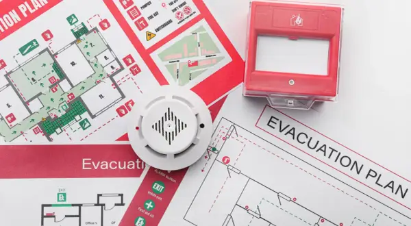 Piani di evacuazione e un rilevatore di fumo, elementi essenziali per la valutazione del rischio incendio.