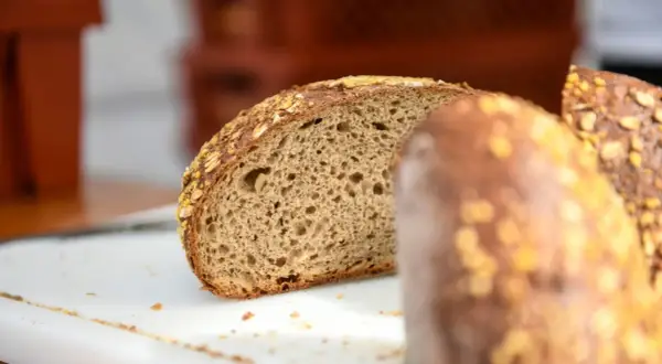 Ein Anschnitt von Vollkornbrot mit Haferflocken. Ist Brot ungesund? Dieses Brot sieht nahrhaft aus.