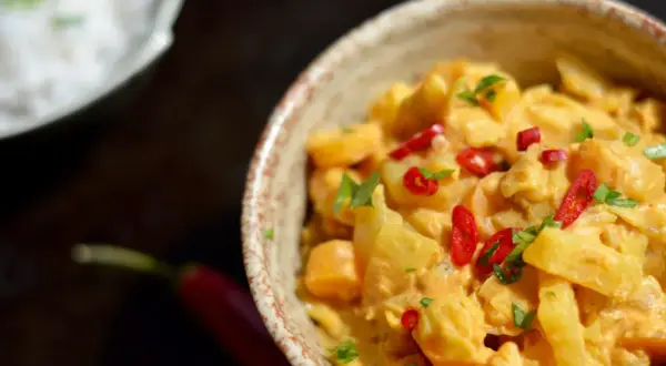 Curry z warzywami w kremowym sosie, posypane chili i natką. Szukasz, czym zastąpić mleczko kokosowe w curry?