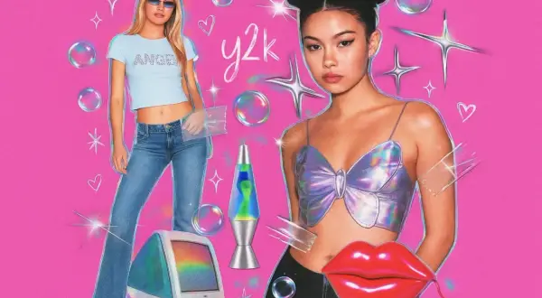 A vibrant y2k design collage featuring two young women, a lava lamp, a retro computer, and sparkly accents on a pink background.