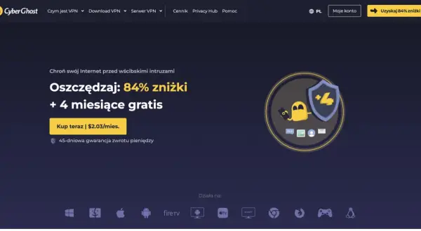 CyberGhost VPN oferuje 84% zniżki i 4 miesiące gratis. Chroń swój internet!