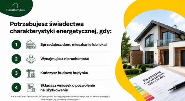 Potrzebujesz świadectwa charakterystyki energetycznej przy sprzedaży, wynajmie, zakończeniu budowy lub pozwoleniu na użytkowanie. Dokument leży na stole obok nowoczesnego domu.