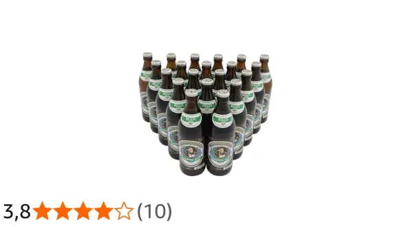 Eine Kiste Augustiner Helles Bier. Der Alkoholgehalt ist typisch für ein Helles.