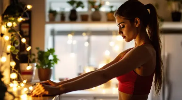 Une jeune femme fait du sport le soir, étirant ses bras dans une pièce décorée de guirlandes lumineuses.