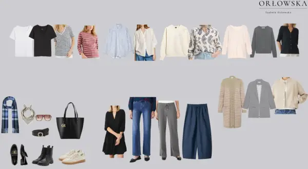 Kolekcja ubrań tworząca garderobę kapsułową: t-shirty, bluzki, sweter, marynarka, spodnie, sukienka, akcesoria.