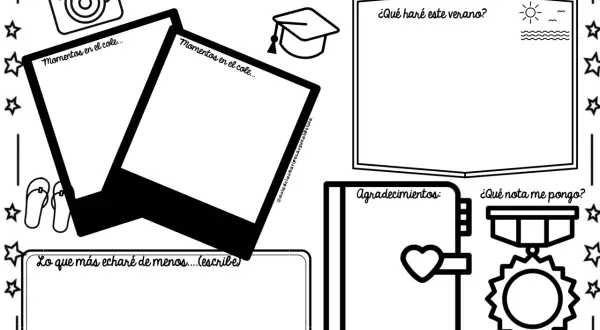 Ficha fin de curso con espacios para fotos, recuerdos, planes de verano, agradecimientos y autoevaluación.