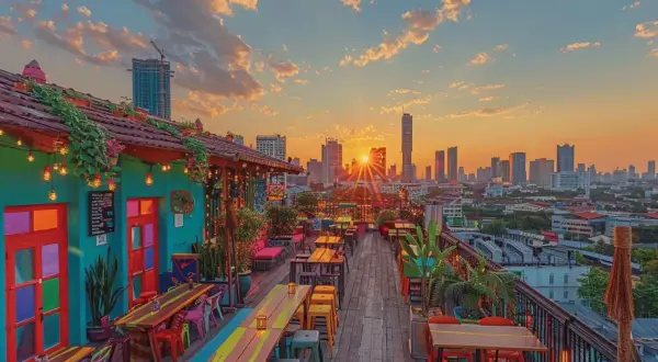 Un bar coloré sur un rooftop à Bangkok, avec des tables en bois et des lumières chaudes, offre une vue imprenable sur la ville au coucher du soleil.