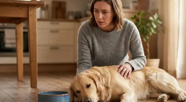 Besorgte Frau streichelt ihren Golden Retriever, der neben seinem Napf liegt. Der Hund trinkt nicht, sie macht sich Sorgen.