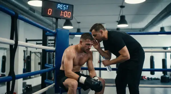 A boxer sits, exhausted, as his coach whispers advice during a boxing round. The scoreboard shows "REST 1:00".