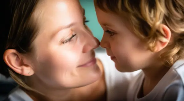 Un bambino e una madre si guardano intensamente, un momento di connessione profonda. La psicologia infantile studia questo legame, uno specchio dell'anima.