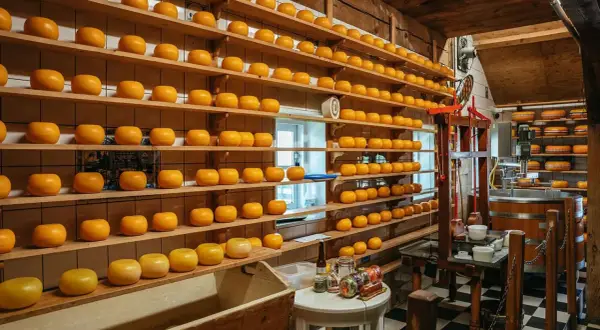 Hyllor fyllda med ostar, en doft av amsterdam mat. En ostfabrik med traditionell utrustning.
