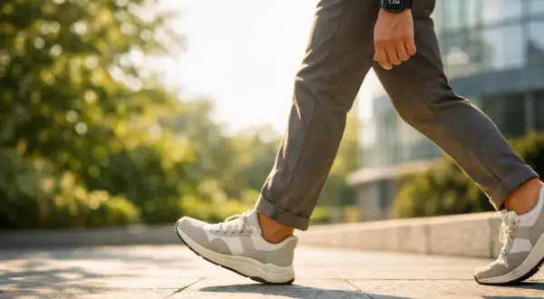 Uomo cammina con smartwatch che segna 7.256 passi. Quanti passi al giorno per dimagrire? L'attività fisica è fondamentale.