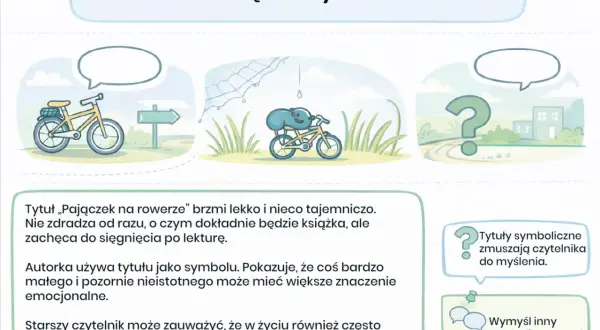 Pajączek na rowerze, symbol małości i wielkiego znaczenia. Tytuł zachęca do lektury, budząc ciekawość.