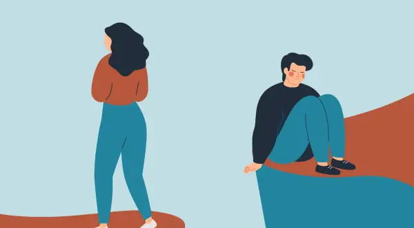 Kobieta odwrócona plecami, mężczyzna skulony na krawędzi. Ilustracja symbolizująca psychologię rozpadu związku i emocjonalny dystans.