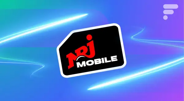 Carte SIM NRJ Mobile, un opérateur eSIM, sur fond bleu électrique avec des traînées lumineuses.