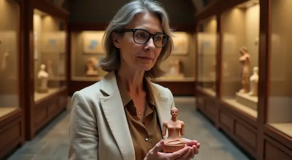 Une femme tient une statuette rappelant une déesse de la terre grecque, dans un musée.