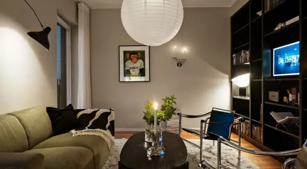 Mysig lounge med en grön soffa, svart soffbord och en bokhylla. Riktat ljus från en vägglampa skapar en varm atmosfär.