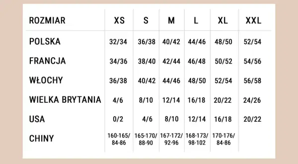 Tabela rozmiarów: polskie 44/46 to L, a 48/50 to XL. Sprawdź porównanie z innymi krajami.