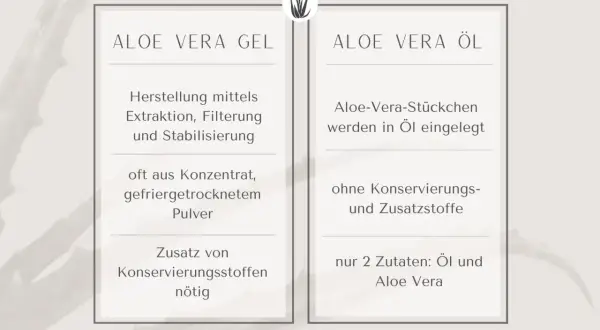 Vergleich von Aloe Vera Gel und Öl. Das Gel wird extrahiert, gefiltert und stabilisiert, oft aus Konzentrat. Das Öl enthält nur 2 Zutaten: Öl und Aloe Vera.