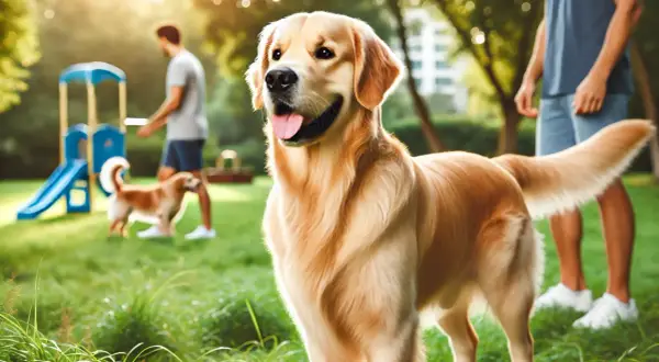 Uśmiechnięty golden retriever, którego waga jest idealna, bawi się z innymi psami i ludźmi w parku.