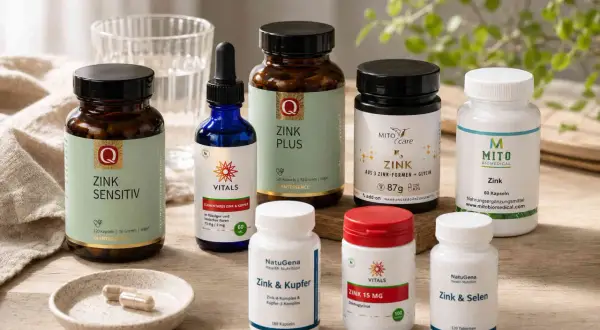 Verschiedene Zinkpräparate, darunter Zinkpicolinat, zur Unterstützung der Gesundheit.