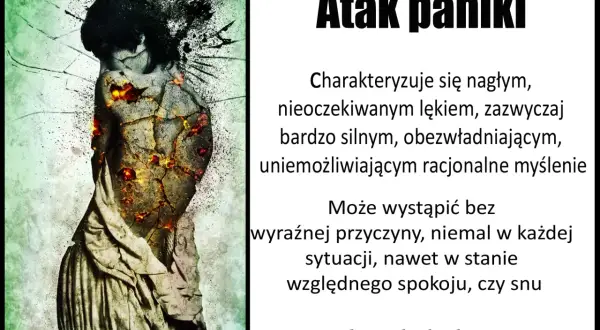 Postać przypominająca posąg pęka, ukazując płonące wnętrze. To wizualizacja nagłego, obezwładniającego ataku paniki.