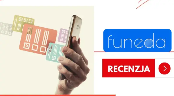 Dłoń trzyma smartfon, na ekranie którego widać kolorowe karty z kodami kreskowymi. Obok logo "funeda" i przycisk "Recenzja".