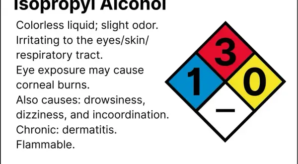 Czy alkohol izopropylowy jest szkodliwy? Tak, jest drażniący dla oczu, skóry i dróg oddechowych, może powodować oparzenia rogówki, senność, zawroty głowy i zapalenie skóry. Jest łatwopalny.
