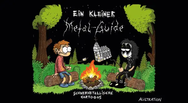 Zwei Jungen, einer im Metal-Look, sitzen am Lagerfeuer. Über ihnen hängt ein Marshmallow-Haus. Ein kleiner Metal-Guide für die härtesten Bands.