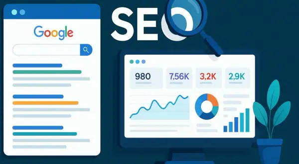 Ilustración de SEO: Google, gráficos de rendimiento y lupa. El **outreach que es** clave para el éxito digital.