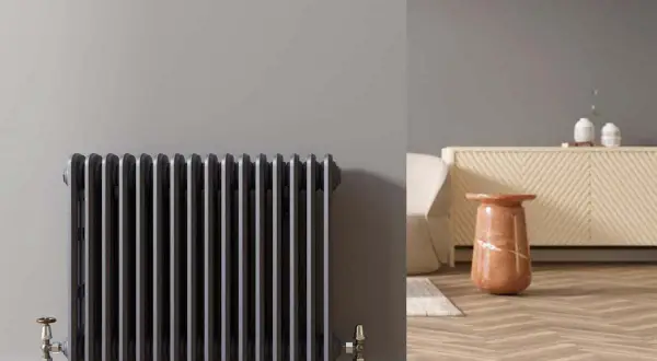 Radiateur en fonte gris foncé, un élément de chauffage performant, idéal pour une pompe à chaleur haute température.