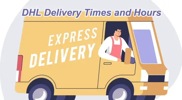 Żółty van z napisem "EXPRESS DELIVERY" i uśmiechniętym kurierem w fartuszku, symbolizujący godziny, do których pracują kurierzy DHL.