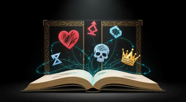 Otwarta księga emanuje magią, z symbolami serca, czaszki, korony i runami tworzącymi magiczny totem.