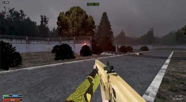 Gracz w grze typu extraction shooter trzyma karabin, celując w opuszczony teren z martwymi ciałami.