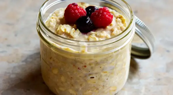 Overnight oats med proteinpulver i burk, toppad med hallon och blåbär. Perfekt för en snabb och näringsrik frukost.