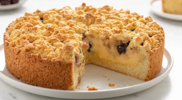 Torta sbriciolata con crema e ciliegie, perfetta tra i dolci per compleanno adulti.